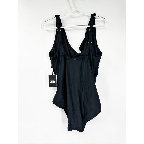DKNY Solid Black Ruffle Plunge V-Neck One Piece Swimsuit Size 16 NWT - Picture 3 of 7